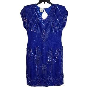 VTG Stenay Size 10, 100% Silk Shell Midnight Blue Sequins & Beads Evening Dress